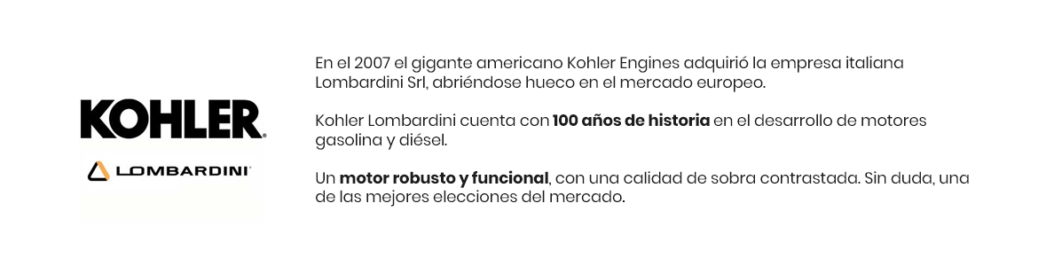 <p><img width="1170" height="300" alt="" src="https://www.generadoreselectricos.org/wp-content/uploads/content/banner kohler.png" /></p> <h2></h2> <h2>DATOS TÉCNICOS DEL MOTOR</h2> <p>-Fabricante KOHLER</p> <p><strong>-Modelo:</strong> CH23<br /><strong>-Diametro del cilindro mm:</strong> 80<br /><strong>-Carrera piston mm: </strong>67<br /><strong>-Desplazamiento cm3</strong><span>:</span> 674 (41,10)<br /><strong>-Radio de compresión: </strong>8,5:1<br /><strong>-Potencia max. kW:</strong> (HP) 17,20 (23,00)<br /><strong>-Par motor neto máximo N:</strong>m 51.40 Nm a 2.400 rpm<br /><strong>-Sistema de enfriamiento:</strong> Aire forzado<br /><strong>-Sistema de encendido</strong><span>:</span> Electronico<br /><strong>-Sistema de arranque</strong><span>:</span> Eléctrico<br /><strong>-Capacidad del tanque de combustible en litros: </strong>litros<br /><strong>-Filtro de aire</strong><span>:</span> En seco<br /><strong>-Capacidad de aceite litros:</strong> 1,9<br /><strong>-Alarma nivel aceite</strong><span>:</span> Si<br /><strong>-Lubricación:</strong> Presión total con filtro en serie<br /><strong>-Batería de fábrica: </strong>V/Ah 12/48 </p> <h2><br />DATOS TÉCNICOS DEL ALTERNADOR</h2> <p><br /><strong>-Fabricante</strong><span>:</span> SINCRO<br /><strong>-Modelo:</strong> FK 2 MFA<br /><strong>-Frecuencia:</strong> Hz 50<br /><strong>-Tensión nominal</strong><span>:</span> V 230<br /><strong>-Velocidad de trabajo:</strong> r.p.m. 3.000<br /><strong>-No de fases</strong><span>:</span> 1<br /><strong>-No Polos: </strong>2P</p> <p><strong>-Potencia kVA:</strong> 12</p> <p><strong>-Factor de potencia: </strong>1<br /><strong>-Grado de protección:</strong> IP23<br /><strong>-Corriente de cortocircuito (durante 20seg):</strong> >3 In<br /><strong>-Regulador de tensión: </strong>Compound</p> <p><br /><strong>Nota</strong>: Fabricante y modelo de alternador por defecto. El fabricante y modelo del alternador pueden variar según disponibilidad, siempre con<br />prestaciones y características similares.</p> <h2><br />INFORMACIÓN LOGÍSTICA</h2> <p><strong>-Peso aprox. con líquidos en radiador y carter kg:</strong> 148<br /><strong>-Volumen de combustible en depósito litros</strong><span>:</span> 16</p> <p></p> <h2>DESCRIPCIÓN GENERAL</h2> <p>-<strong>Motor KOHLER</strong>, de gasolina de 4 tiempos refrigerado por aire con dos cilindros en V, regulación mecánica. Válvulas en cabeza, camisas de hierro fundido en los cilindros y bloque de aluminio. Filtros de aire, combustible y aceite de gran capacidad; alza válvulas hidráulicos y bujías de alto rendimiento. Regulado a 3.000 r.p.m.<br />No requiere mezcla de aceite con gasolina, alargando la vida de las bujías y del silencioso.</p>